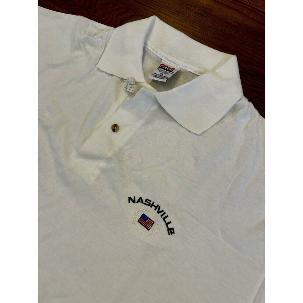 NOS VTG Nashville Tennessee American Flag Crest Mens Polo XL White Deadstock USA